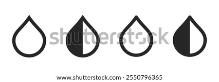 Water or oil black isolated outlined and half filled illustration set for UI. Vector icons in flat style