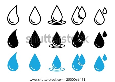 Water, oil or blood drop vector icon set. Liquid drop icon set. humidity vector symbol. droplet logo. Water drop shape in black and blue color with filled and outlined style. falling water drops.