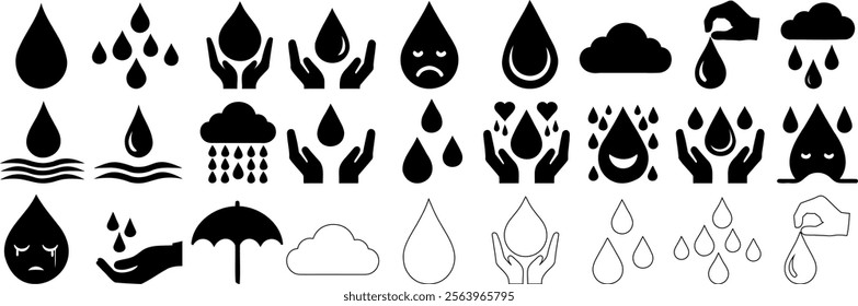 Water and oil drop icon set, hands holding water, rain clouds, and umbrella symbol vector illustration for themes like conservation, sustainability, weather, or climate change