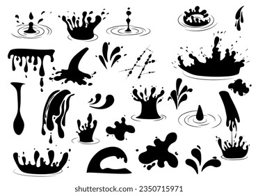 Water or oil drops. Vector black icon set of current drops, waves, tears, spray, nature splashes isolated on white background. Dripping liquid. Water spill. Aqua drop element. Raindrop and sweat drops