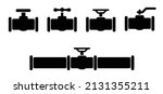 Water, oil or gas M3 pipeline with fittings and valves. Pipeline and black tap, open, close. Globe valve icon or pictogram. Vector pipe fitting symbol. Wastewater or Waste water logo. Distribution.