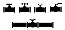 Water, Oil Or Gas M3 Pipeline With Fittings And Valves. Pipeline And Black Tap, Open, Close. Globe Valve Icon Or Pictogram. Vector Pipe Fitting Symbol. Wastewater Or Waste Water Logo. Distribution.