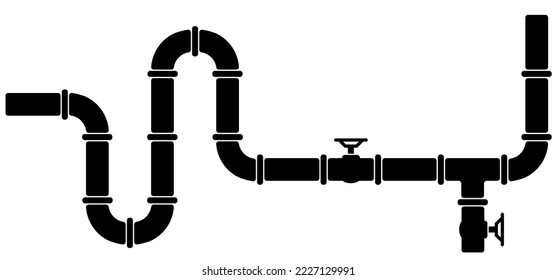 Water, oil or gas pipeline with fittings and valves. Pipeline and black tap, open, close. Globe valve icon or pictogram. Vector pipe fitting symbol. Wastewater or Waste water logo. Distribution. Sewer