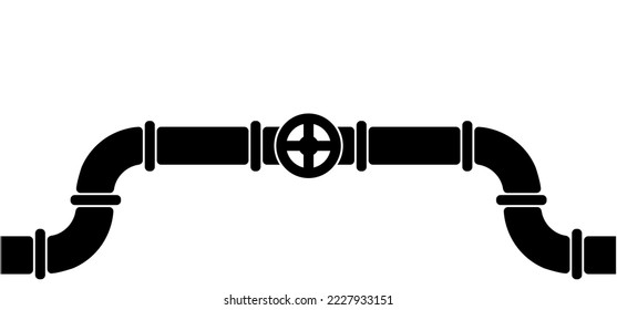 Water, oil or gas pipeline with fittings and valves. Pipeline and black tap, open, close. Globe valve icon or pictogram. Vector pipe fitting symbol. Wastewater or Waste water logo. Distribution. Sewer