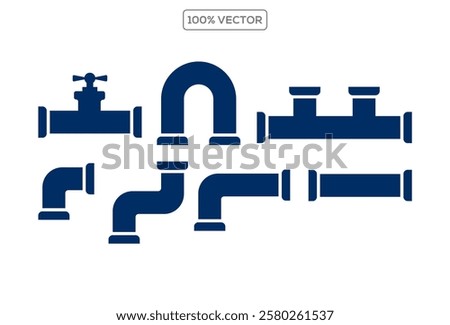 Water, oil or gas pipeline with fittings and valves. Pipeline and black tap, open, close. Globe valve icon or pictogram. Vector pipe fitting symbol