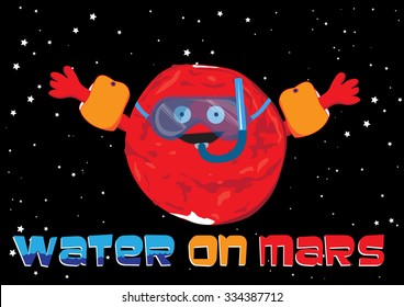 Water on Mars with goggles and snorkel cute cartoon illustration