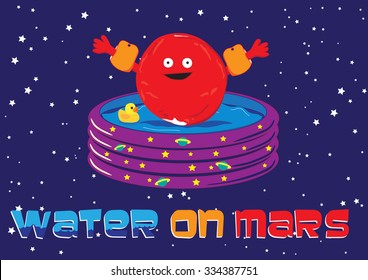Water on Mars with water wings in paddling pool. Cute cartoon vector illustration