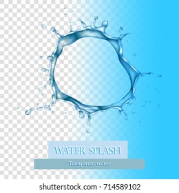 Water on a transparent background. Water splashes and drops on a clear and blue background. Vector illustration