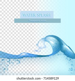 Water on a transparent background. Water splashes and drops on a clear and blue background. Vector illustration