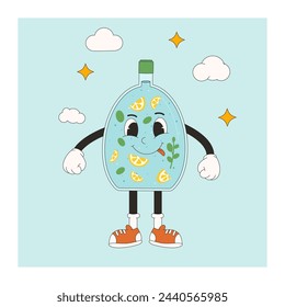 Water with oranges flavoured bottle banner set . Posters with retro drop characters. World water day Ecology holiday banner with rubber hose mascot. Vector flat illustration.