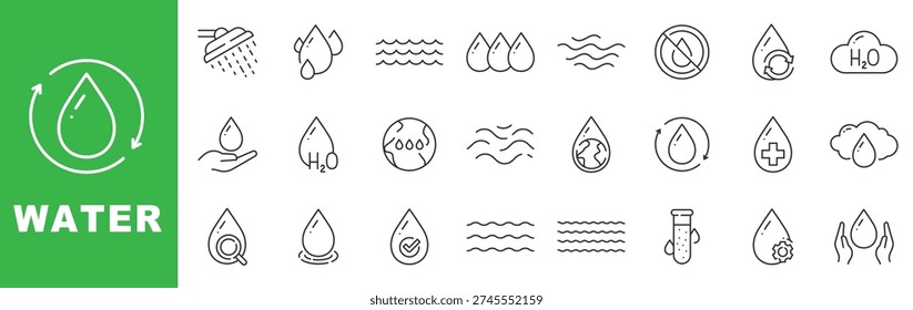 Water outline icon set featuring droplets, rain, waves, purification, sustainability and water cycle symbols in editable stroke line style
