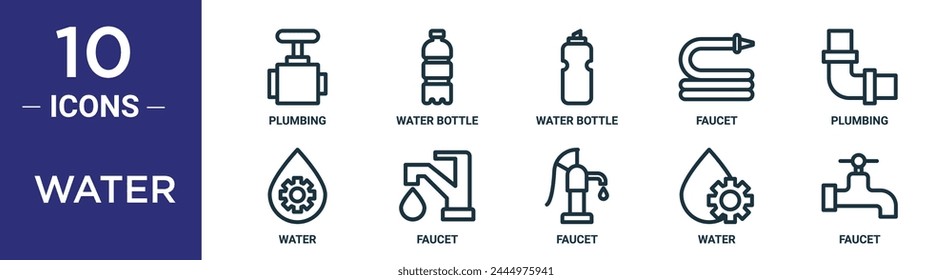 water outline icon set includes thin line plumbing, water bottle, water bottle, faucet, plumbing, faucet icons for report, presentation, diagram, web design