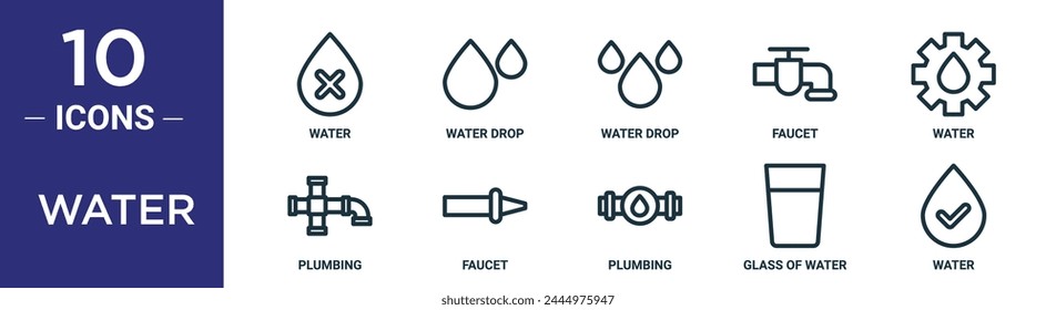 water outline icon set includes thin line water, water drop, drop, faucet, plumbing, faucet icons for report, presentation, diagram, web design