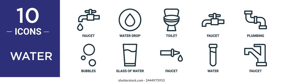 El conjunto de iconos de contorno de agua incluye grifo de línea delgada, gota de agua, inodoro, grifo, plomería, burbujas, vidrio de iconos de agua para informe, presentación, diagrama, Diseño web