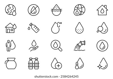 Water outline Icon Set. A refreshing collection of icons showcasing water conservation, aquatic life, and hydration, perfect for water awareness and sustainability. 