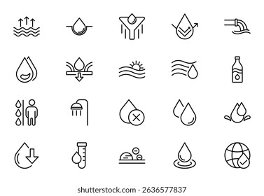 Water outline icons set. Water, filter, drops, waves, drop, sea, drinking water, bottle, cleanliness, aqua outline icons collection. Collection of Outline Icons. Vector illustration.