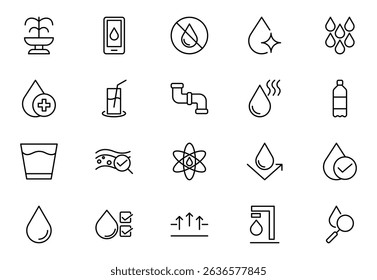Water outline icons set. Water, filter, drops, waves, drop, sea, drinking water, bottle, cleanliness, aqua outline icons collection. Collection of Outline Icons. Vector illustration.