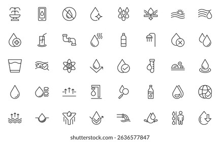 Water outline icons set. Water, filter, drops, waves, drop, sea, drinking water, bottle, cleanliness, aqua outline icons collection. Collection of Outline Icons. Vector illustration.
