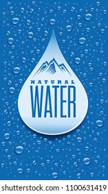 water packaging label with many water drops on blue background