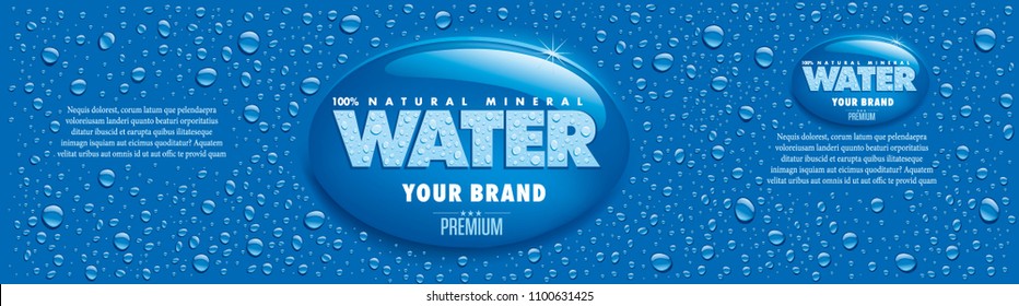 water packaging label with many water drops on blue background