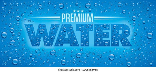 Water Packaging Label With Many Water Drops On Blue Background