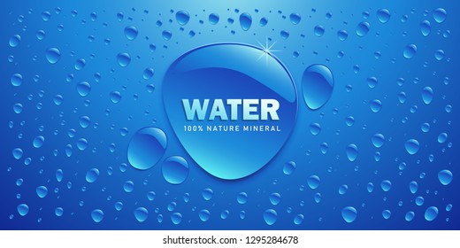 Water packaging label with many water drops on blue background. Vector illustration.