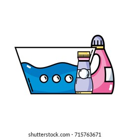water pail with detergent liquid and softener bottle