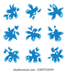 Juego de iconos de salpicadura de agua o pintura, fondo blanco de color azul de diseño plano.