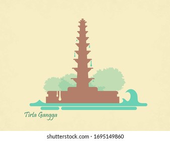 Water Palace of Tirta Gangga. Landmark in Bali, Indonesia. Postcard in vintage style. Flat stylized vector icon