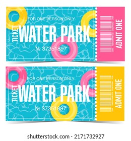 Modelo de diseño de entradas para parque acuático o parque acuático. Ilustración vectorial en forma plana del cupón de entrada de aquapark con coloridos anillos inflables flotando en el agua azul de la piscina.