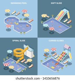 Water park aquapark isometric 2x2 design concept with images of water attractions and aqua park areas vector illustration