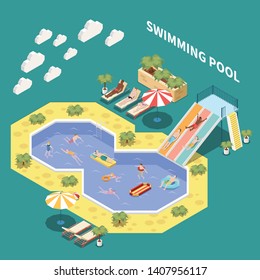 Water park aquapark isometric composition with sun loungers waterslides and open pools with people and text vector illustration