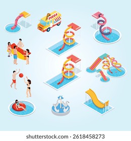 Water Park Aquapark Isometric playground children water slide vector 3d family swimming action happiness