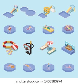 Water park aquapark isometric set with sixteen isolated images of swimming people waterslides and sun loungers vector illustration