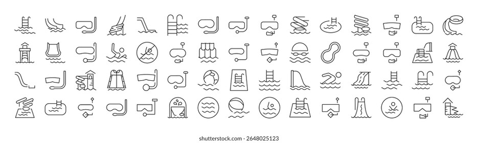 Water Park, Aquapark, Swimming Pool, Diving Thin Line Icon Set. Outline Signs for Graphic and Web Design, Apps, Adverts, Various Cards 