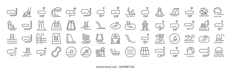 Water Park, Aquapark, Swimming Pool, Diving Line Icon Collection. Outline Signs for Graphic and Web Design, Apps, Adverts, Various Cards 