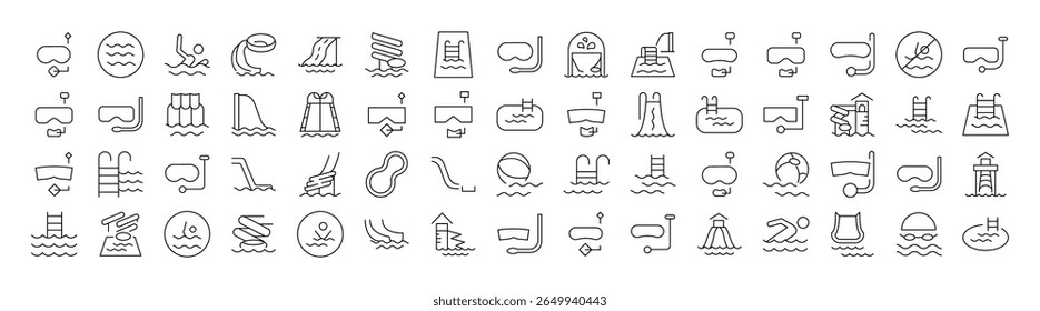 Water Park, Aquapark, Swimming Pool, Diving Line Icon Pack. Outline Signs for Graphic and Web Design, Apps, Adverts, Various Cards 