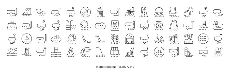 Parque Aquático, Aquapark, Piscina, Diving Line Icon Bundle. Outline Signs para Gráficos e Web Design, Apps, Anúncios, Vários Cartões 