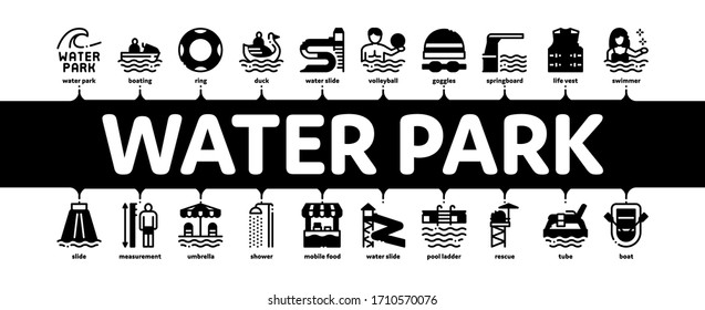 Water Park Attraction Minimal Infographic Web Banner Vector. Swimming Wear And Equipment, Life Jacket And Lifebuoy, Boat And Water Park Pool Illustrations