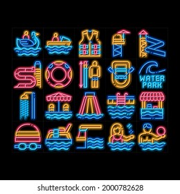 Water Park Attraction neon light sign vector. Glowing bright icon  Swimming Wear And Equipment, Life Jacket And Lifebuoy, Boat And Water Park Pool Illustrations