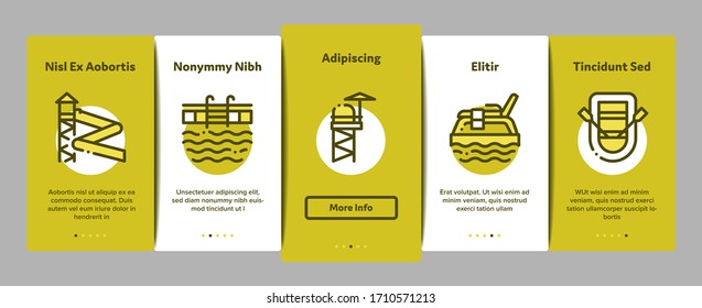 Water Park Attraction Onboarding Mobile App Page Screen Vector. Swimming Wear And Equipment, Life Jacket And Lifebuoy, Boat And Water Park Pool Color Contour Illustrations