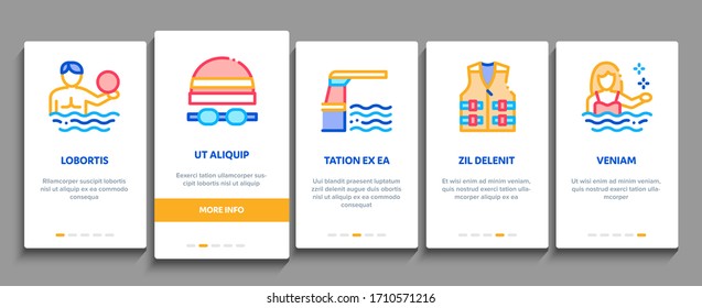 Water Park Attraction Onboarding Mobile App Page Screen Vector. Swimming Wear And Equipment, Life Jacket And Lifebuoy, Boat And Water Park Pool Color Contour Illustrations