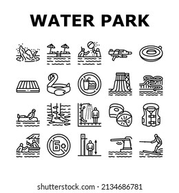 Water Park Attraction And Pool Icons Set Vector. Water Park Restaurant And Bar, Inflatable Swim Vest And Lifebuoy, Trampoline And Mattress. Swimming And Enjoying Time Black Contour Illustrations