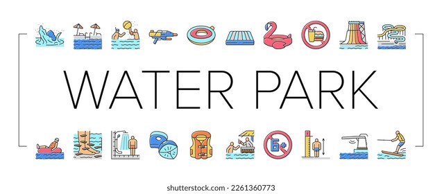 Water Park Attraction And Pool Icons Set Vector. Water Park Restaurant And Bar, Inflatable Swim Vest And Lifebuoy, Trampoline And Mattress. Swimming And Enjoying Time Color Illustrations