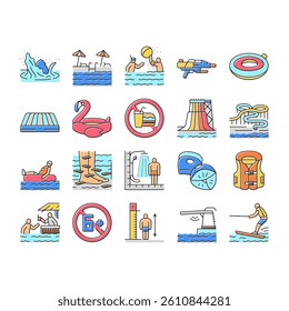 Water Park Attraction And Pool Icons Set Vector. Water Park Restaurant And Bar, Inflatable Swim Vest And Lifebuoy, Trampoline And Mattress. Swimming And Enjoying Time Color Illustrations