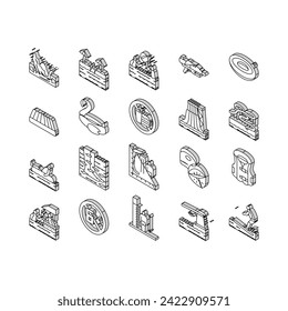 Water Park Attraction And Pool isometric icons set. Water Park Restaurant And Bar, Inflatable Swim Vest And Lifebuoy, Trampoline And Mattress. Swimming And Enjoying Time Color