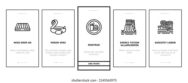 Water Park Attraction And Pool Onboarding Mobile App Page Screen Vector. Water Park Restaurant And Bar, Inflatable Swim Vest Lifebuoy, Trampoline And Mattress. Swimming Enjoying Time Illustrations