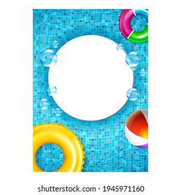 Water Park Attraction Promo Flyer Poster Vector. Inflatable Lifebuoy And Ball Equipment For Playing In Swimming Pool, Sunglasses And Bubbles On Promotional Banner. Color Concept Layout Illustration