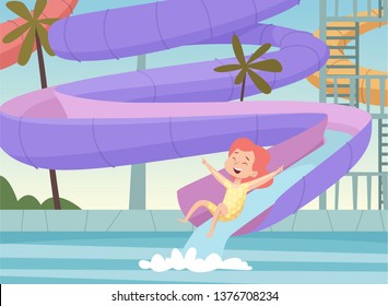 Water park background. Kids jumping and swimming in urban pool outdoor attractions fun in aquapark cartoon vector picture