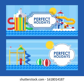 Water park banner in flat style, vector illustration. Perfect summer holidays in aqua park, fun vacation for family with children. Water attractions ticket template, amusement park invitation banner